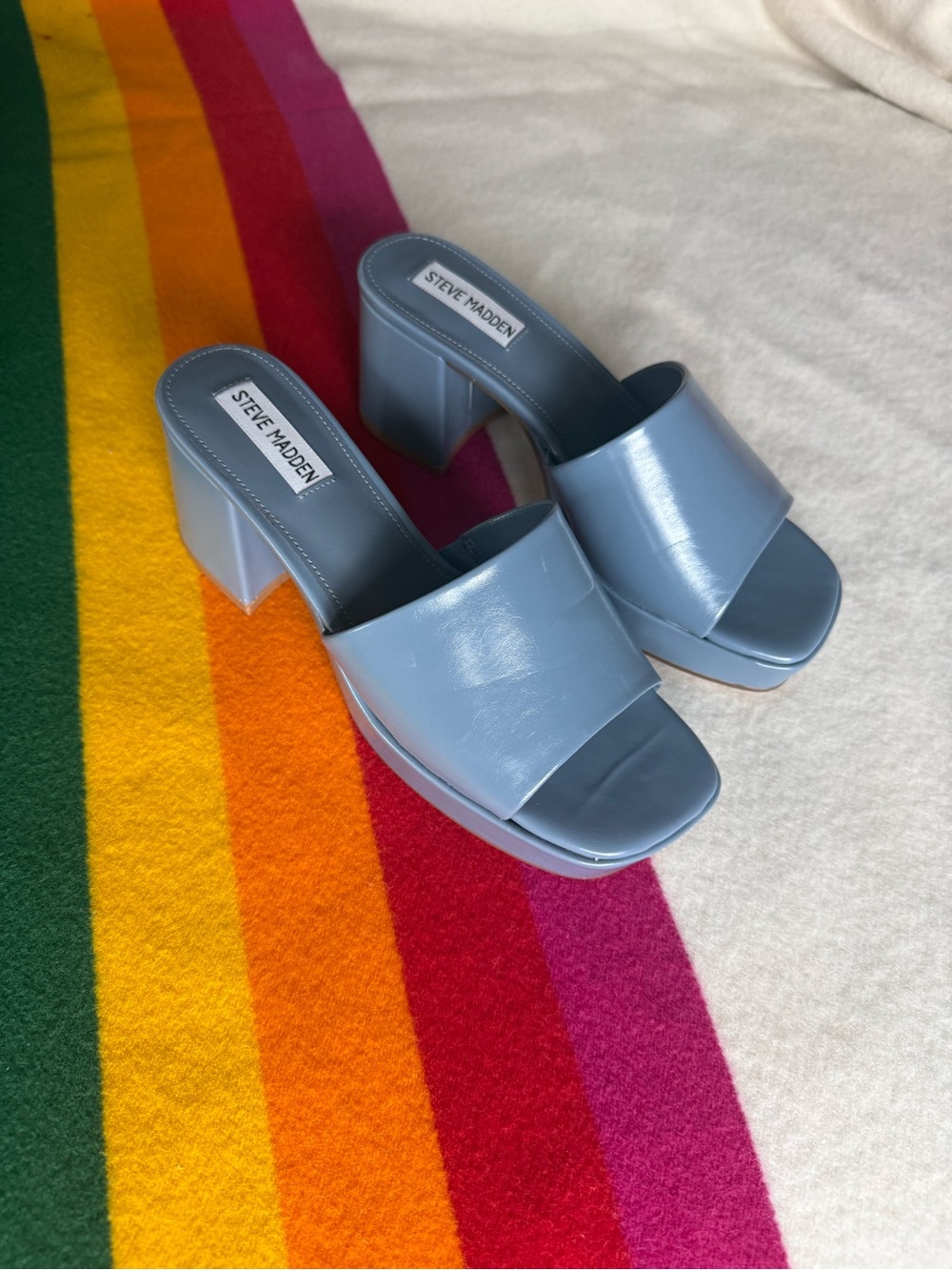 Steve Madden Light Blue Square Toe Block Heel Mules